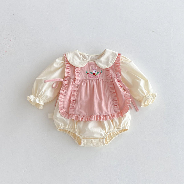 Baby triangle one-piece suit, autumn outfit, sweet farting coat, rabbit vest set, baby girl 100-day celebration crawling suit