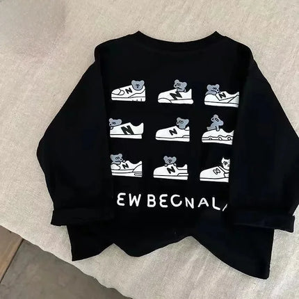 Children's Cartoon Cotton T-Shirt Long Sleeve New 2024 Model Boys Girls Pocket Base Layer Top Spring Autumn For Middle Large Kid