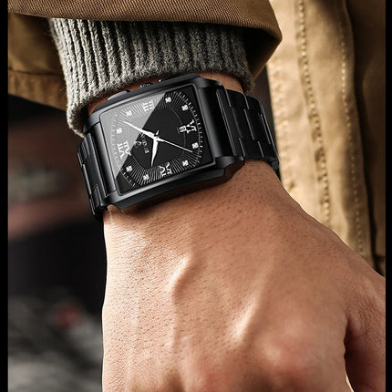BINBOND Luxury Quartz Watch for Men Golden Square Large Dial 30M Waterproof Leather Strap Wrist Watches Date Display Men's Watch