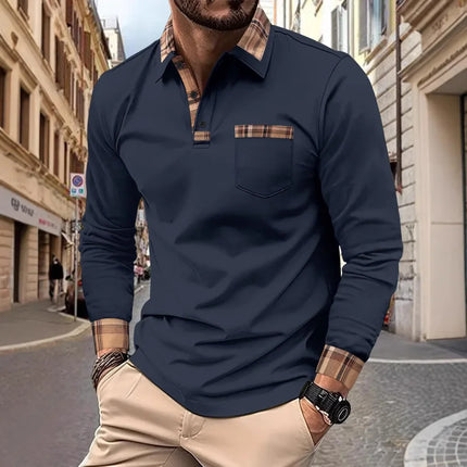 New men's casual spring and autumn fashion checked lapel long-sleeved comfortable pocket outdoor party polo shirt