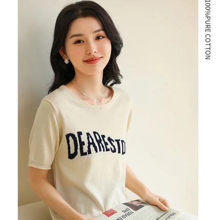 Women's Summer T-shirt 100% Pure Cotton Casual Solid O-neck Pullover Loose Fit Short Sleeve Fashion Sweater