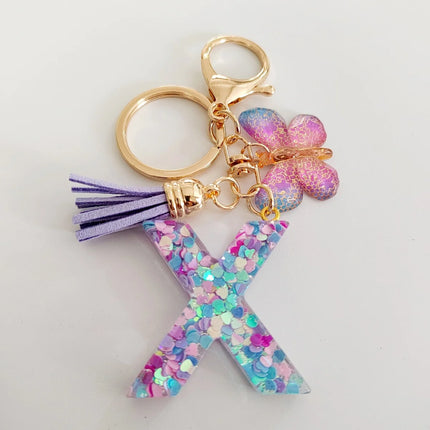 Fashion Butterfly Fringe Initial Keychain Drop Glue Blend Sequin A-Z26 Letter Keychain Cute Ladies Student Bag Accessory Gift