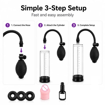 Adult Male Vacuum Pump Kit, Manual Enlargement Trainer with Clear Cylinder, Comfort Rings, Hose and Accessories for Performance