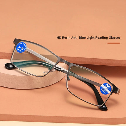 Men Metal Half Frame Reading Glasses Luxury Designer Anti Blue Light Eyeglasses Finished Prescription Presbyopia Eyewear To +4.0