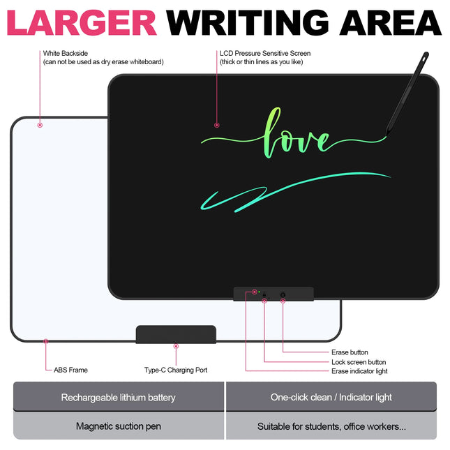 20-Inch Rechargeable LCD Writing Tablet, Multi-Color Erasable Graffiti Drawing Board for Learning & Education