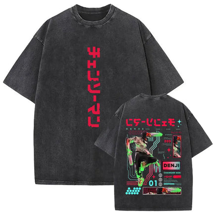 Washed Vintage Anime Chainsaw Man Makima Merch T-shirt Men Women Manga Casual Oversized T Shirts Male Retro 100% Cotton T-shirts