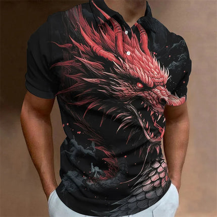 Dragon Pattern Polo Shirt For Men Animal 3D Printed T-Shirts Outdoor Fashion Casual Loose Oversized Street Lapel Top Button Tees