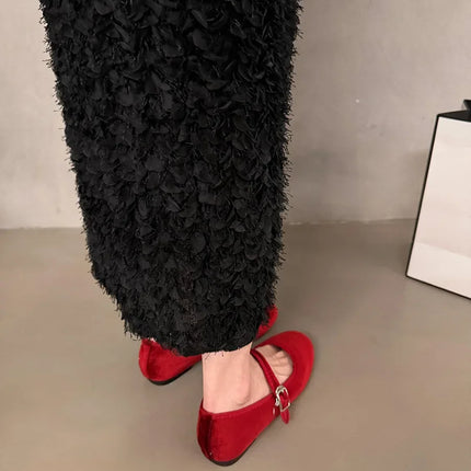 Vintage Flat Velvet Korean Style Mary's Single Shoes Women's 2024 New Spring Autumn Winter Red Warm Evening Shoes