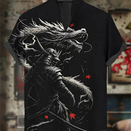 Men's short-sleeved shirt with samurai print and stylish ink painting design, summer casual men's top, trendy retro streetwear.