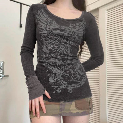 Xingqing 2000s Graphic T Shirt Vintage Fairy Grunge Floral Wings Print Long Sleeve Tops y2k Women Clothes Basic Harajuku Tee