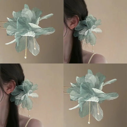 New Chinese Style Gentle Gradient Fabric Flower Hair Sticks for Women Sweet Chains Tassel Imitation Pearl Hairpin Fairy Headwear