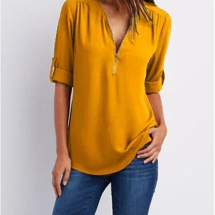 Summer Women Cool Loose Shirt Deep V Neck Chiffon Blouse Casual Ladies Tops Sexy Zipper Pullover Plus Size Long Sleeve Fashion