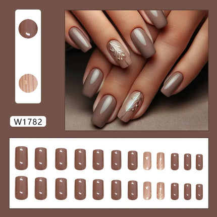 Dark Brown Flowers 24 Pcs Press-on Nails Pink Nail Polish Glossy Artificial Finger Manicure Reusable False Nails