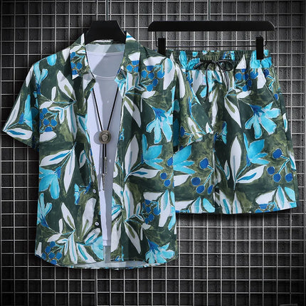 Hainan Island Beach Shirt Men's Set Sanya Travel Hawaii Large Size Floral Print Five-Quarter Pants Short Sleeve Casual Shirt