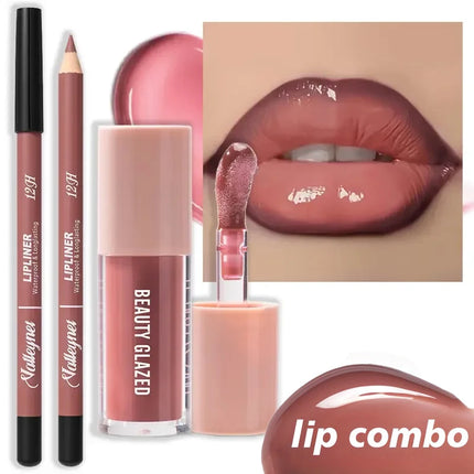 Waterproof 2Pcs Long-Lasting Matte Lip Makeup Set - Lip Liner & Glaze Combo with Pencil Texture, Red, Brown, Pink, Nude Tones