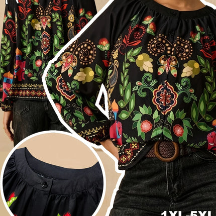 Plus Size Bohemian Ethnic Print Top Puff Sleeve Elegant Non-Stretch Woven Tops for Women Office Commute Party Gathering 