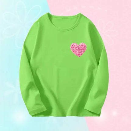 Pink Flower Heart Print Girls T-Shirt Casual White Tops Spring Long Sleeve Kids T-Shirt Kawaii Love Print Tops