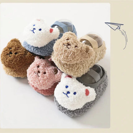 Cartoon Bear Baby Shoes Winter Thick Warm Newborn Shoes Non-slip Soled Soft Plush Toddler Kids Boy Girls Infant First Walkers