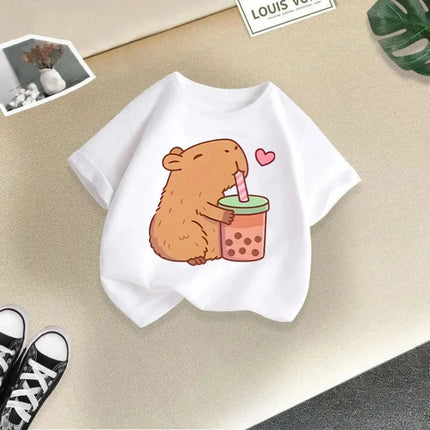 Summer Cartoon Capybara Pattern Print Children's Short-Sleeved Shirt Kid Fashion Cotton T-shirt Boy Girl Comfortable Top Clothes