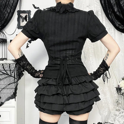 Sweet Lolita Cotton Shirts Women Vintage Gothic Black White Jacquard Short Sleeve Blouses Elegant Office Lady Y2k Tops