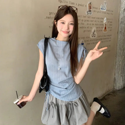Blue Striped Drawstring Tie Women's Shirt Summer New Style French Stripe Design Modified Version Round Neck Sleeveless Dress