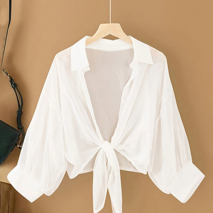 Large Size Ladies Pure Color Shirt with Butterfly Knot Collar Simple Daily Match Sunscreen Long Sleeve Shirt