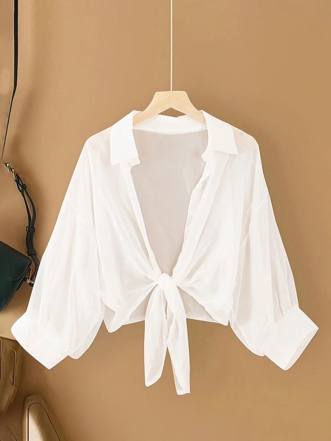 Large Size Ladies Pure Color Shirt with Butterfly Knot Collar Simple Daily Match Sunscreen Long Sleeve Shirt