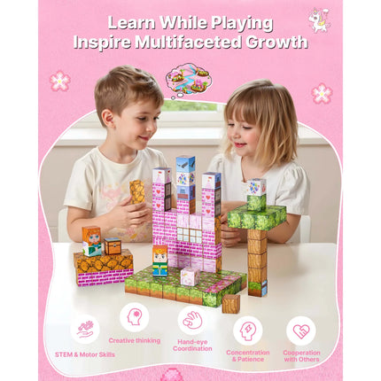 SucceBuy 100PCS Magnetic Blocks Princess Castle Set Magnetic Building Cubes STEM Montessori Sensory Toys for Kids Birthday Gift