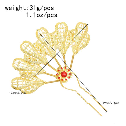 New Golden Alloy Leaf Crystal Flower Hairpin Hair Accessories for Women Thailand Ethnic Dance Party Decoration Headwear Jewelry