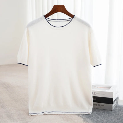 2025 Spring/Summer New Fashion O-Neck Knit Short Sleeve Spliced Business Casual T-Shirts Men's Clothing Loose Tops England Tees