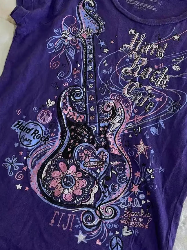 Women's Subculture Vintage Purple Print T-Shirt Summer Y2k American Retro Slim Tees Casual Harajuku Grunge Fashion Tops New