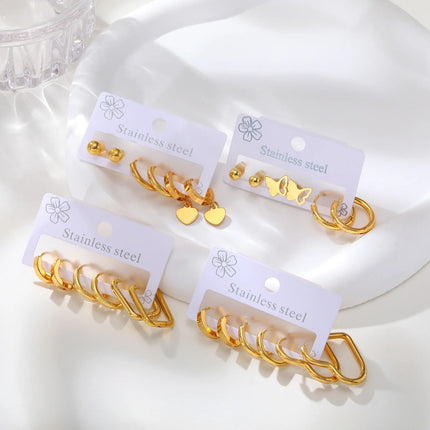 Vnox 6pcs/set Stainless Steel Stud Hoop Earrings Simple Classic 18K Gold Plated Earrings For Women Holiday Jewelry Set Wholesale