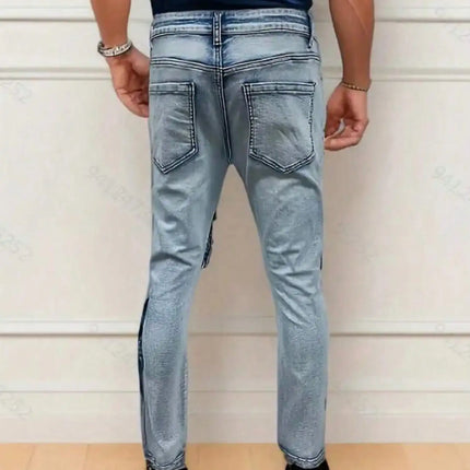 Men’s streetwear, multi pocket vehicle, snug, stretchy, light-colored jeans.