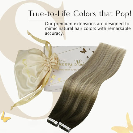 VeSunny Tape in Hair Extensions Human Hair Balayage Color Real Natural Hair Skin Weft Straight Seamless Remy Hair Extensions