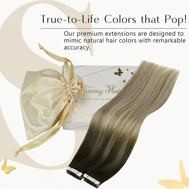 VeSunny Tape in Hair Extensions Human Hair Balayage Color Real Natural Hair Skin Weft Straight Seamless Remy Hair Extensions