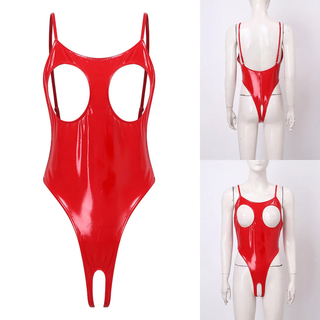 Women's Glossy Cutout Bodysuit Nightwear Hollow-out Cup Crotchless Spaghetti Straps Leotard for Rave Party Roleplay Lingerie