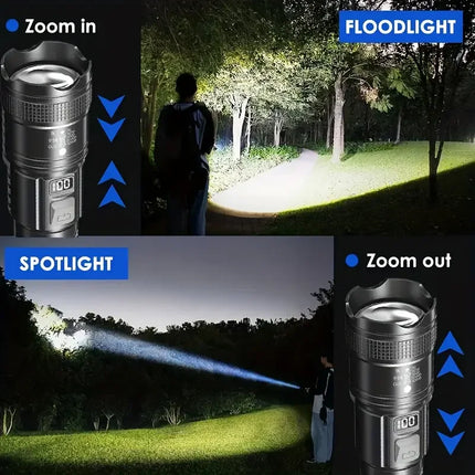 Ultra Bright LED Flashlight Type-C Rechargeable 3 Modes Long Range Zoom Tactical Torch Outdoor Emergency Camping Fishing Lantern