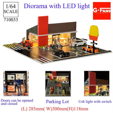 1:64 Scale Miniatures Building Scene Car Parking Lot Model Lighting Version Car Garage Diorama Models Simulation Collection Gift