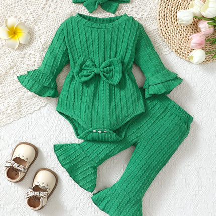Baby girl autumn and winter casual fashion texture fabric round neck double-layer flared sleeves bow bow front jumpsuit and flar