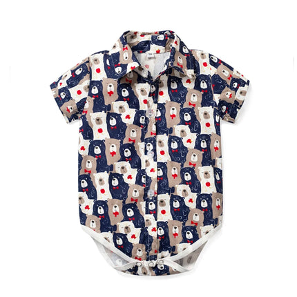 Newborn Boys Bodysuit with Bow Tie Cotton Baby Romper Soft Cartoon Animal Print Formal Short Sleeve Children Top Costume