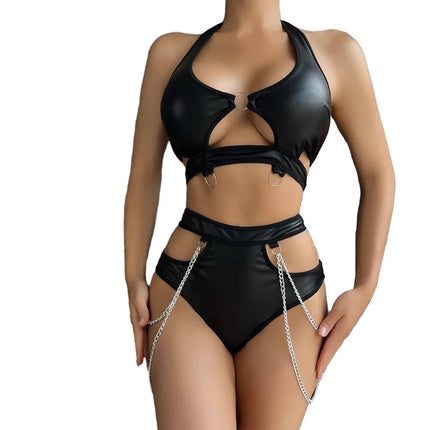 Women Halter Neck Lingerie Set, Faux Leather Wet Look, Sexy Hollow Bra Cutout, Chain Briefs, Nightwear, Clubwear Black