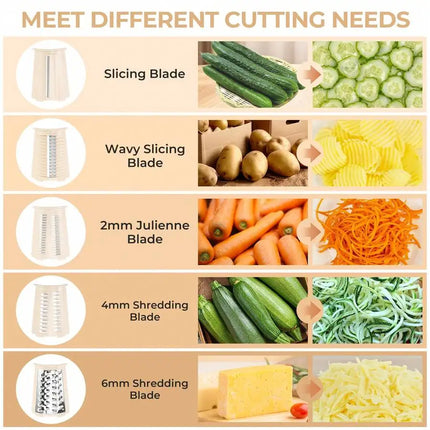 Rotary Cheese Grater With Handle - Food Shredder With 5 Well-Designed Blades & Strong Suction Base,Round Mandoline Slice