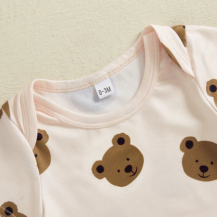 Baby Boy Summer Outfits Bear Print Short Sleeve Round Neck Romper with Pants and Hat Shoes Set