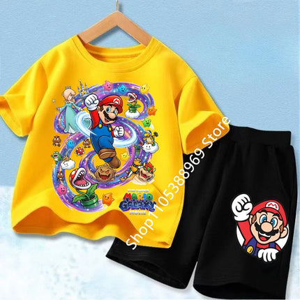 High Quality Kids 2Pcs Set Marios Cartoon Short Sleeve T-Shirt + Elastic Waist Shorts Comfortable Summer Children Clothing Suits