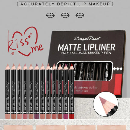 Long Lasting Matte Lip Liner 12 Colors Set Waterproof High Pigment Nude Wooden Pencil Lip Makeup Kit for Daily Use