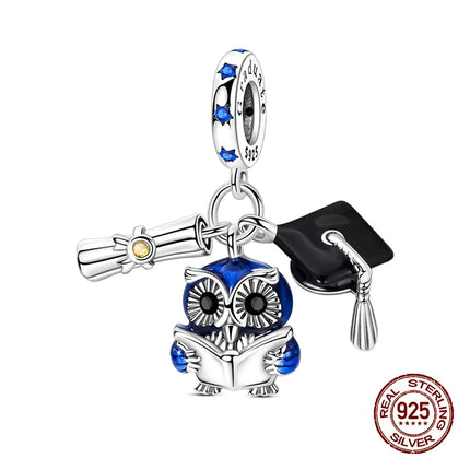 100% 925 Sterling Silver Graduation Season Series Owl Bachelor's Hat Charms Beads Fit 3mm 925 Original Bracelets DIY Jewelry