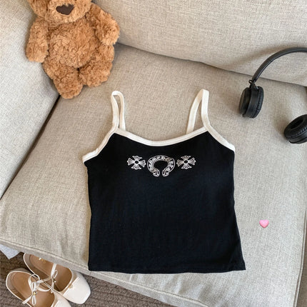 Korean Sweet Spicy Sleeveless Print Vest Women Summer Short Fit Inner Wear Strap Design Commute Top Casual Daily Girl