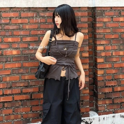 Korean Sle Unique Belted Design Slimming Versatile Split Front Strapl Top Women's Summer Faion Commute Straight Cut Vest