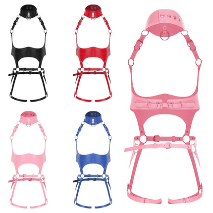 Women Lingerie Faux Leather Body Belt Harness Costume Accessory Choker And Bra Cage Hollow-out Adjustable Harness Body Straps