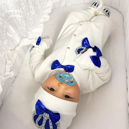 Dollbling Royal Bling Jewelry Crown Gift Clothing Sets Welcome Home Baby Rompers Mittens Bonnet Pajamas Outfit 4pcs Layette